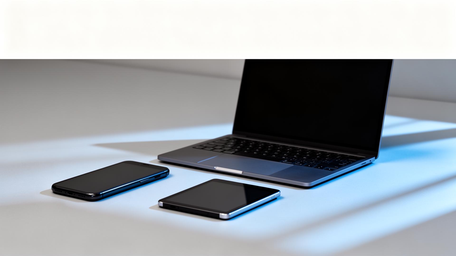 Phone tablet and laptop arranged on a clean surface